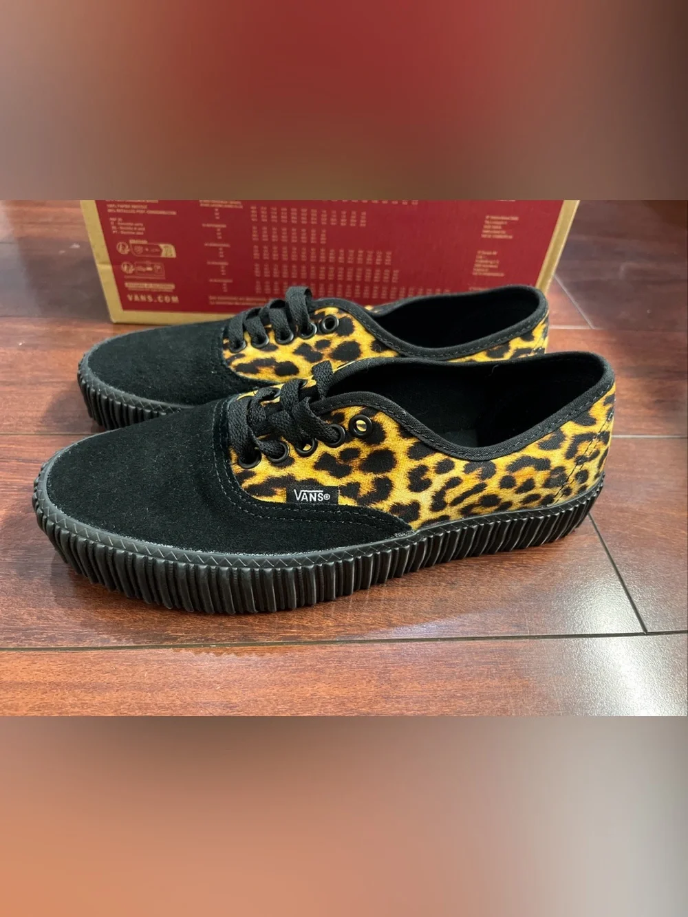 Womens 8 Vans Authentic Creeper Leopard Black Canvas Suede Shoes New HALF BOX